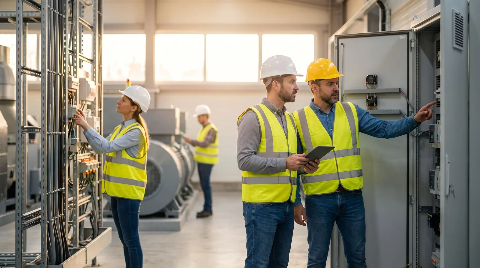Elektromonter u industrijskom pogonu radi na otvorenom upravljačkom ormaru s kabelima i alatom