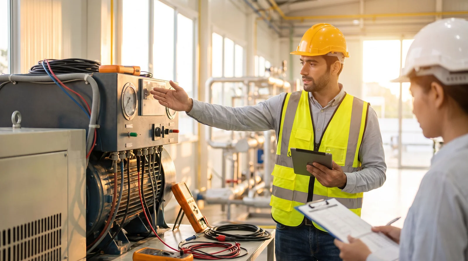 Elektrotehničar mjeri parametre industrijskog upravljačkog ormara prije puštanja linije u rad