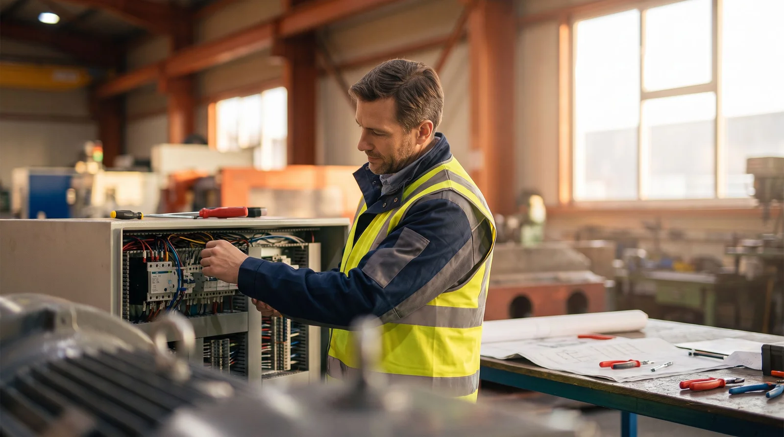 Elektroinstalater provjerava ožičenje i oznake kabela u industrijskom upravljačkom ormaru